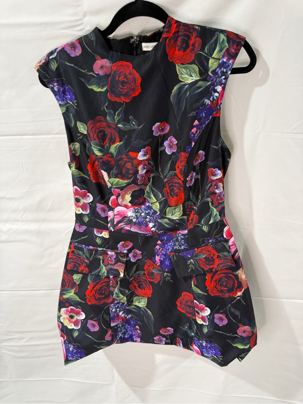 Avec Les Filles Black Floral Cap-Sleeve Floral Mini Dress